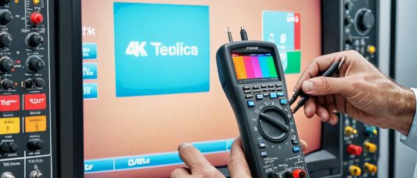 Technician diagnosing TV with professional equipment