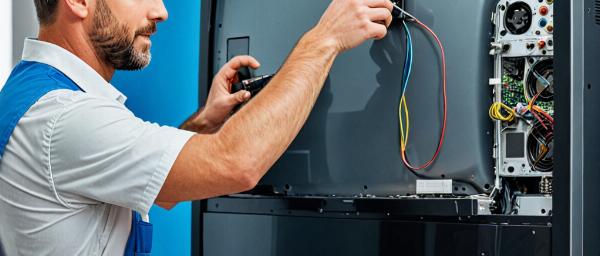 Technician delivering and setting up repaired TV